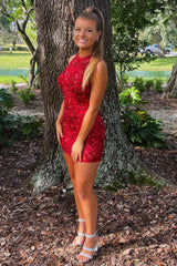 Red Homecoming Dresses Sequined Open Back Tight Short Cocktail Dresses with Fringes