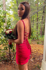 Red Homecoming Dresses Spaghetti Straps Beaded Tight Short Cocktail Dresses