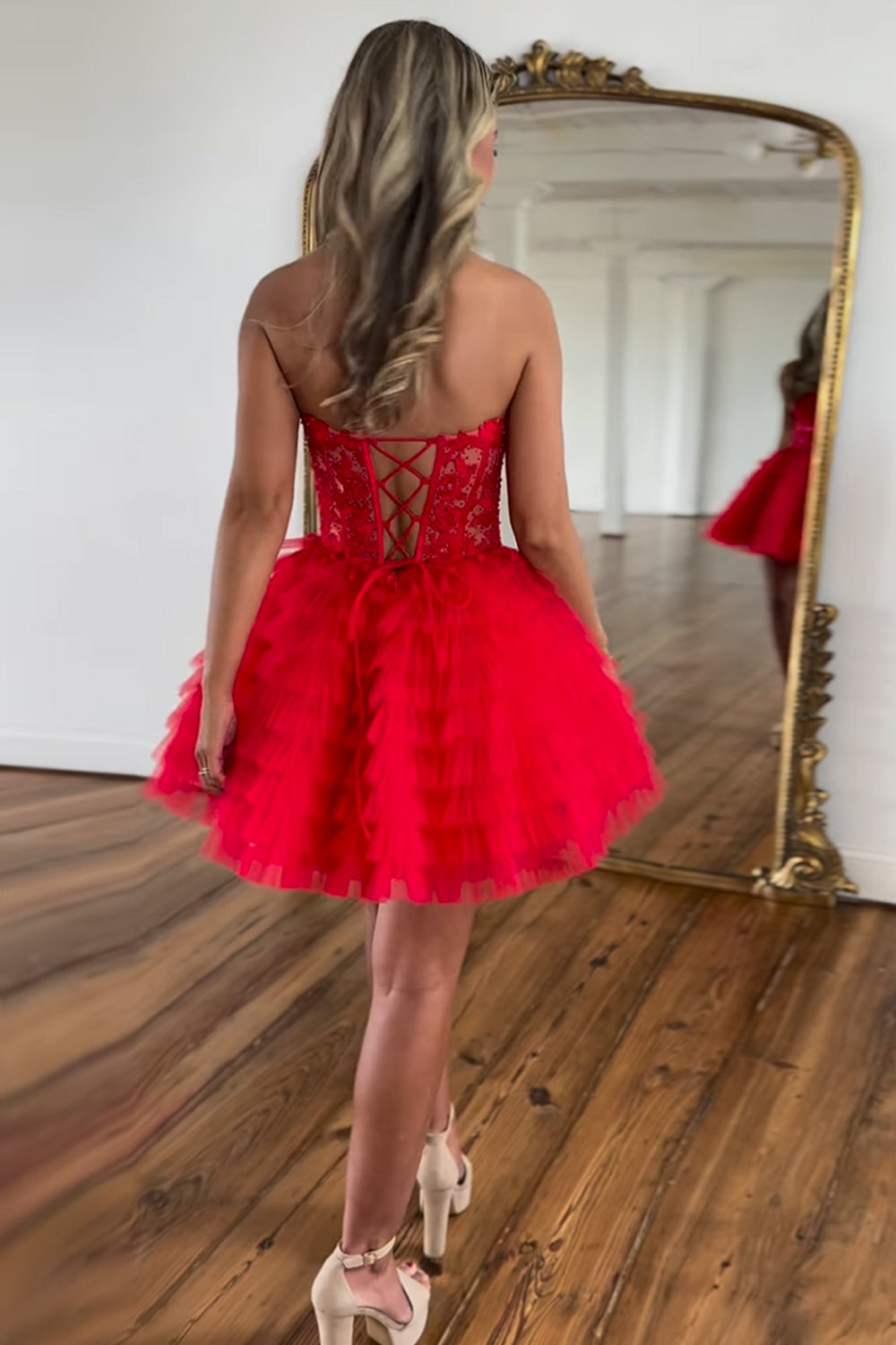 strapless red homecoming dress Red Strapless Homecoming Dress with Bow & Bubble Hem Skirt – H1180 –  Viniodress main image 1