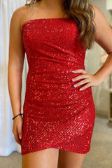 Red Homecoming Dresses Strapless Tight Short Cocktail Dresses with Sequin