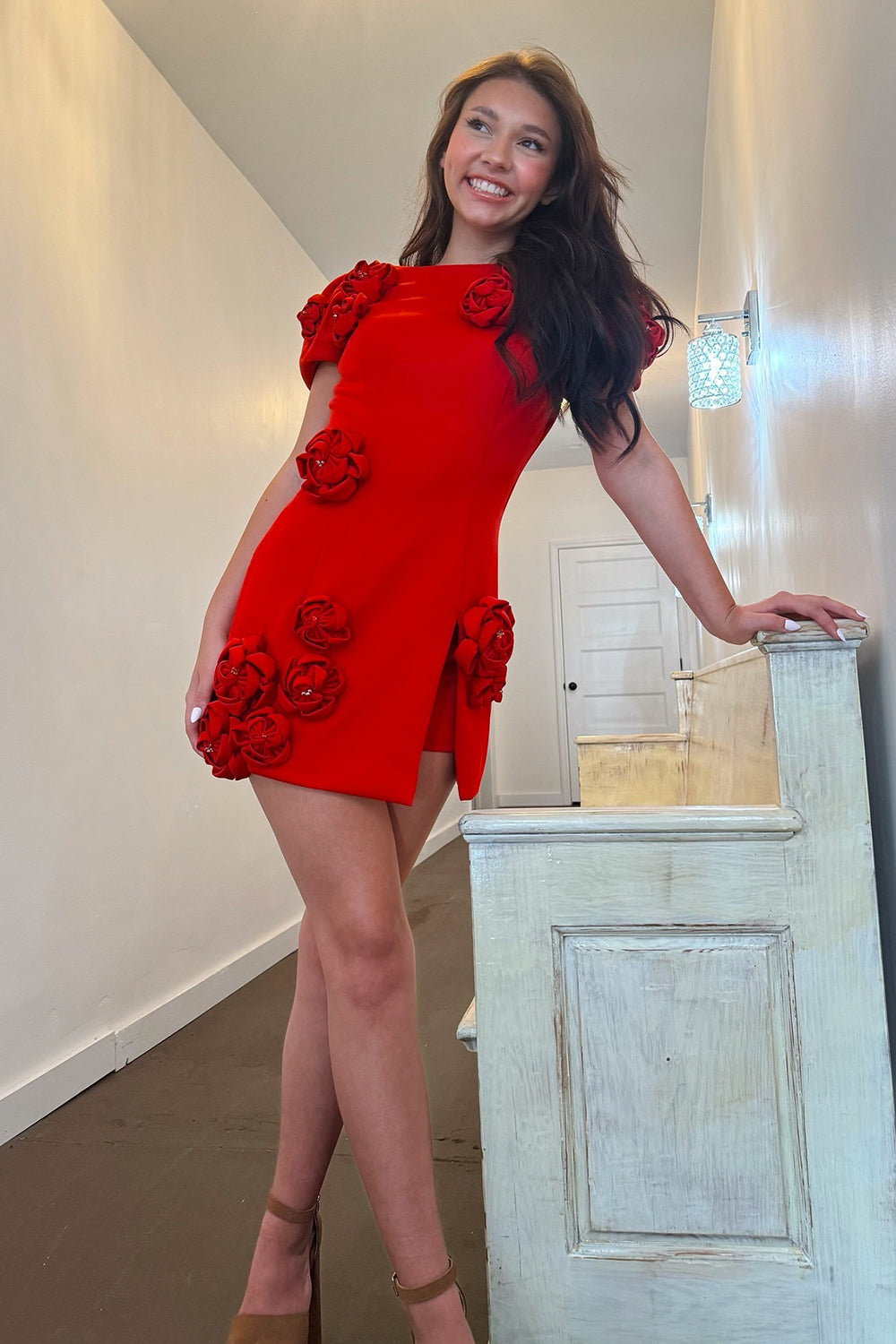 Red Homecoming Dresses Tight Short Cocktail Dresses With 3D Flowers