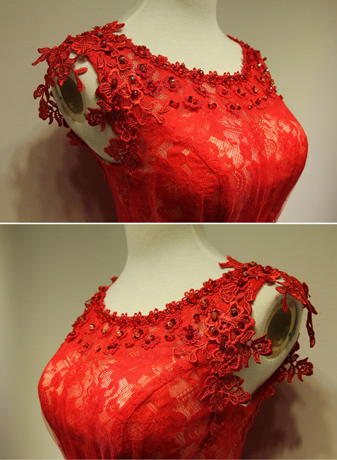 Red Lace Chiffon Evening Dresses A Line Wedding Guest Dress