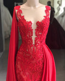 Red Lace Evening Dresses Online | Overskirt Watteau Train Prom Dresses BC0887