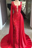 Red Lace Evening Dresses Online | Overskirt Watteau Train Prom Dresses BC0887