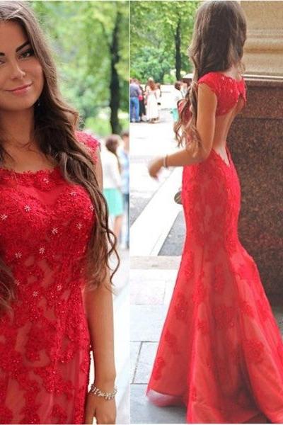 Red Lace Halter Mermaid Evening Dress Latest Backless Sweep Train Formal Occasion Dresses