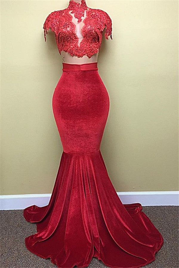 Red Lace Mermaid Popular High-Neck Velvet Cap-Sleeves Prom Dress BA5155