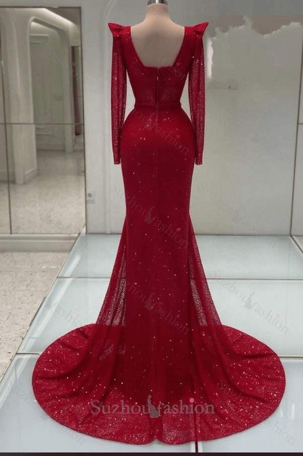 Red Long Sleeve Formal Dress Sequined Sheath/Column Prom Evening Dress