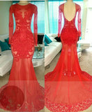 Red Long Sleeves Backless Prom Dresses | Tulle Appliques Evening Dresses