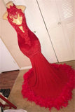 Red Mermaid Applique Evening Gown | High Neck Feather Sleeveless Prom Dress BC1628