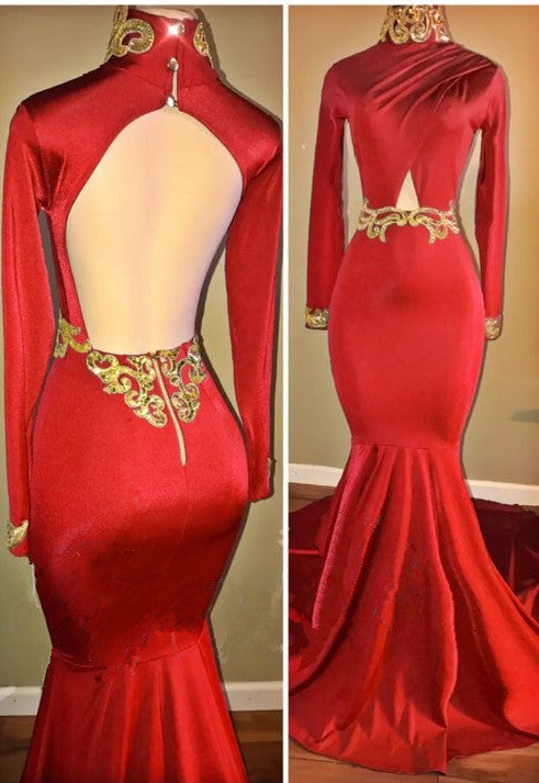 Red Mermaid Backless Prom Dresses | Long Sleeves High Neck Open Back Evening Dresses mq0