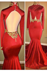Red Mermaid Backless Prom Dresses | Long Sleeves High Neck Open Back Evening Dresses mq0