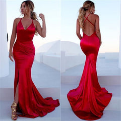 Red Mermaid Ruffles Prom Dresses | Open Back Spaghetti Straps Simple Evening Dresses
