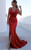 Red Mermaid Ruffles Prom Dresses | Open Back Spaghetti Straps Simple Evening Dresses