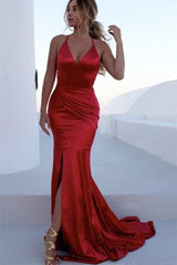 Red Mermaid Ruffles Prom Dresses | Open Back Spaghetti Straps Simple Evening Dresses