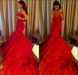 Red Mermaid Sweetheart Court Train Evening Dress Crystal Tulle Formal Occasion Dress BO7481