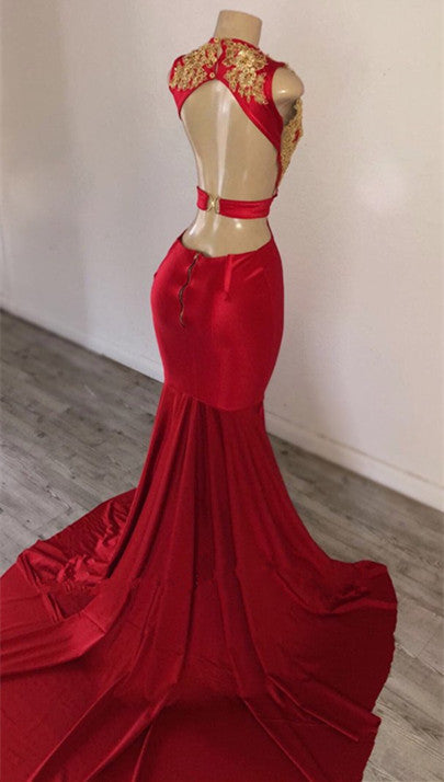 Red Mermaid V-Neck Prom Dresses | Gold Appliques Open-Back Sexy Evening Dresses bc1968