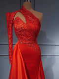 Red One Shoulder Long Sleeves Mermaid Prom Dress Split Lace Evening Gowns