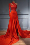 Red One Shoulder Long Sleeves Mermaid Prom Dress Split Lace Evening Gowns