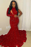 Red One Shoulder Long Sleeves Prom Dress Mermaid Sequins Online