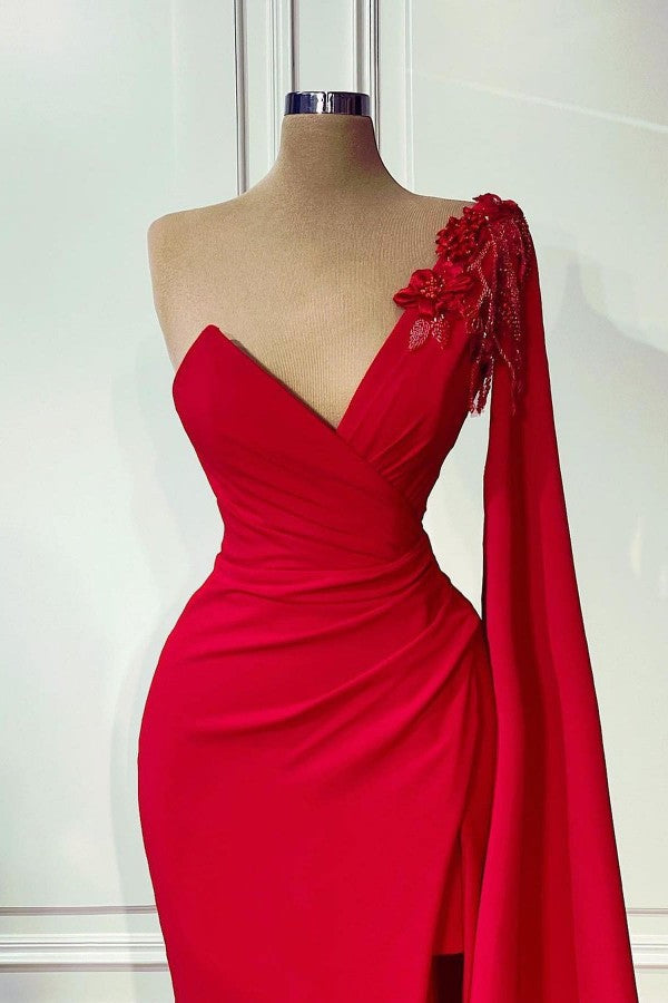 Red One-shoulder Sleeveless Mermaid Satin Floor-Length Prom Dresses with Ruffles