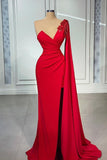 Red One-shoulder Sleeveless Mermaid Satin Floor-Length Prom Dresses with Ruffles