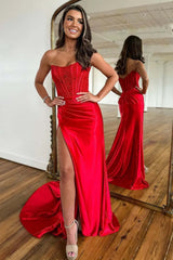 Red Prom Dress Beaded Corset Mermaid Long Formal Dress With Slit