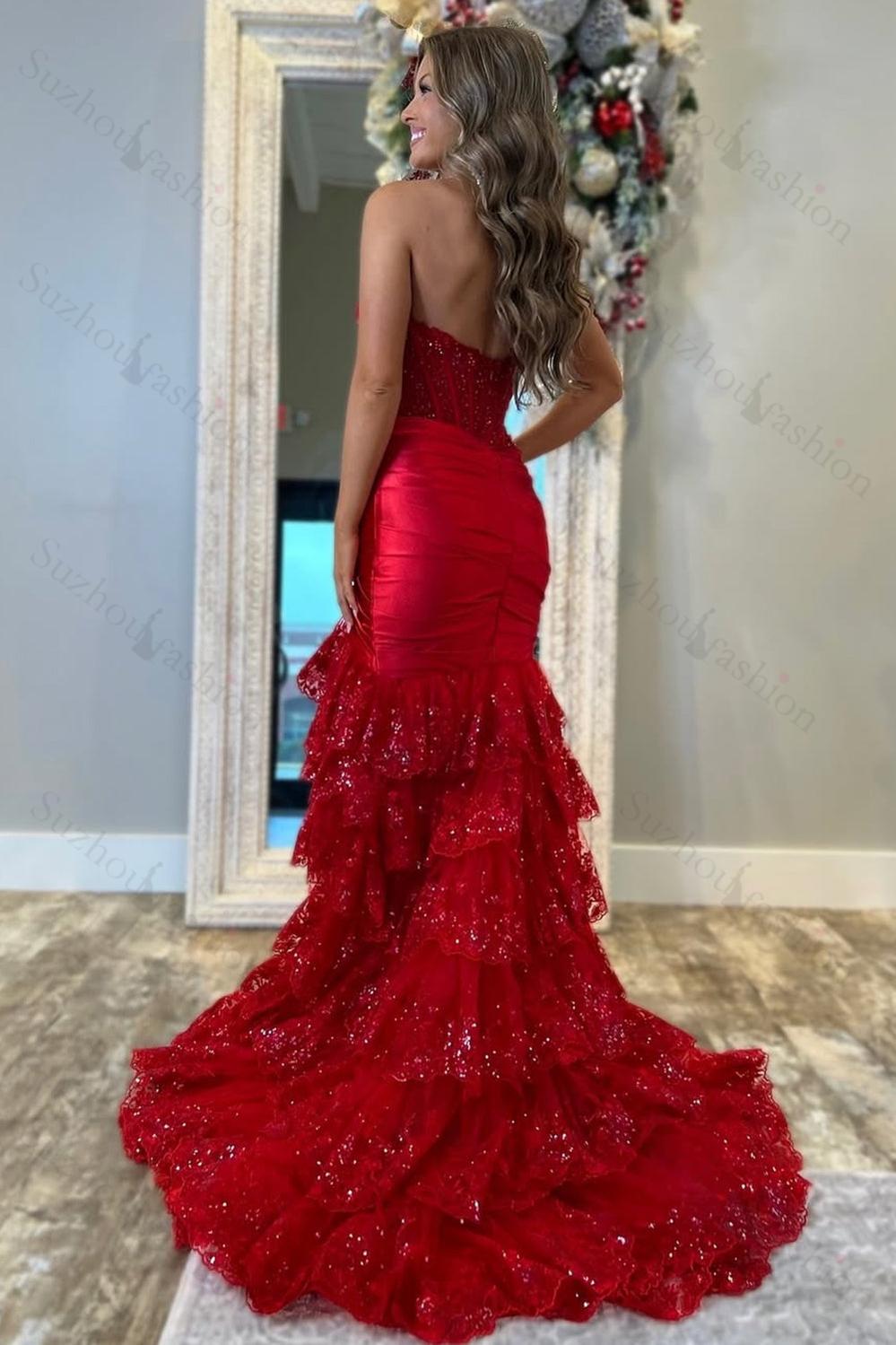 Suzhoufashion Red Prom Dress Floor Length Ruffled Formal Dress With Slit suzhoufashion Suzhoufashion Red Prom Dress Floor Length Ruffled Formal Dress With Slit suzhoufashion
