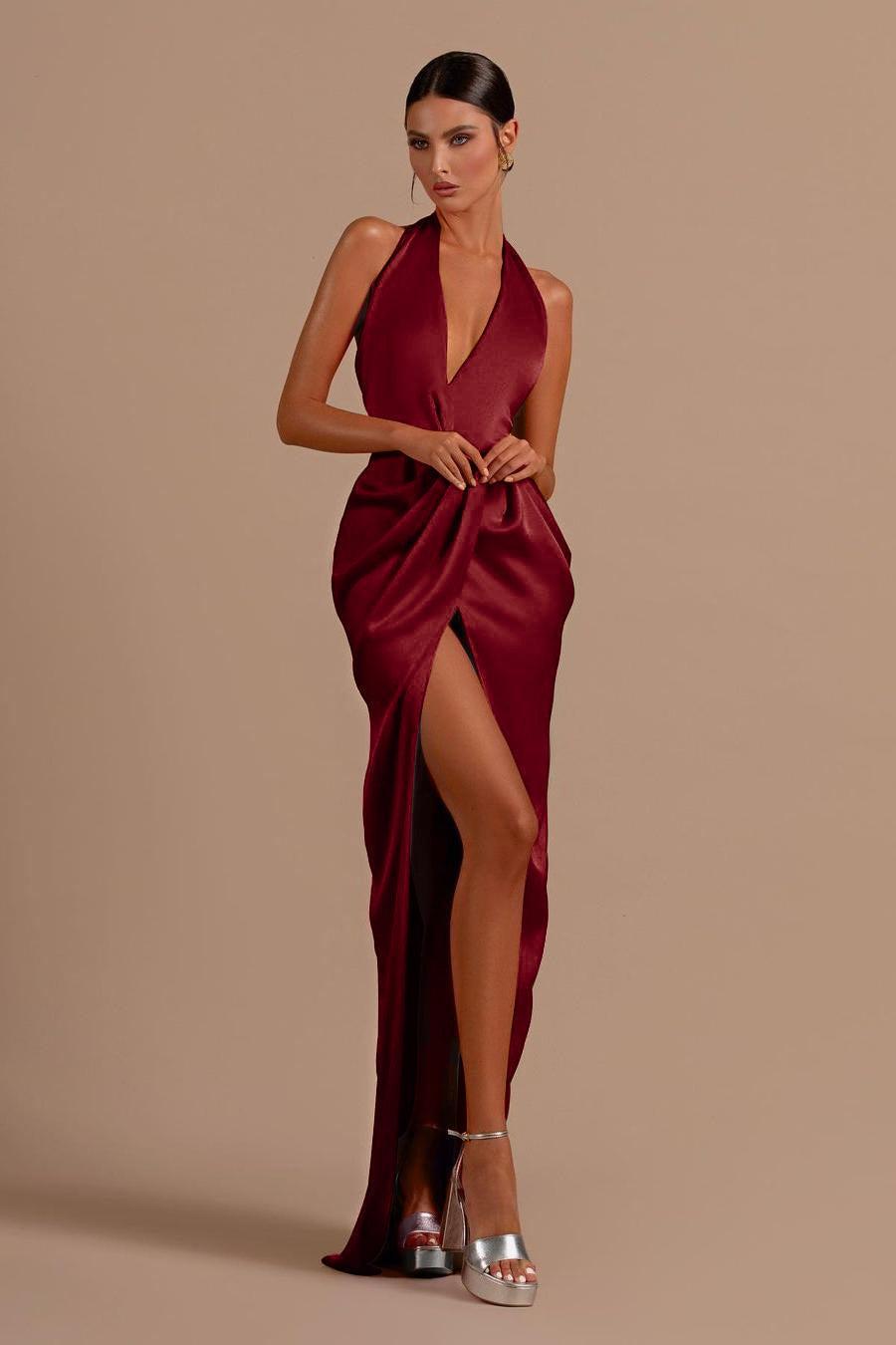 Red Prom Dress Halter Sleeveless Backless Long Evening Formal Dress With Front Split