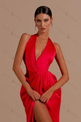 Red Prom Dress Halter Sleeveless Backless Long Evening Formal Dress With Front Split