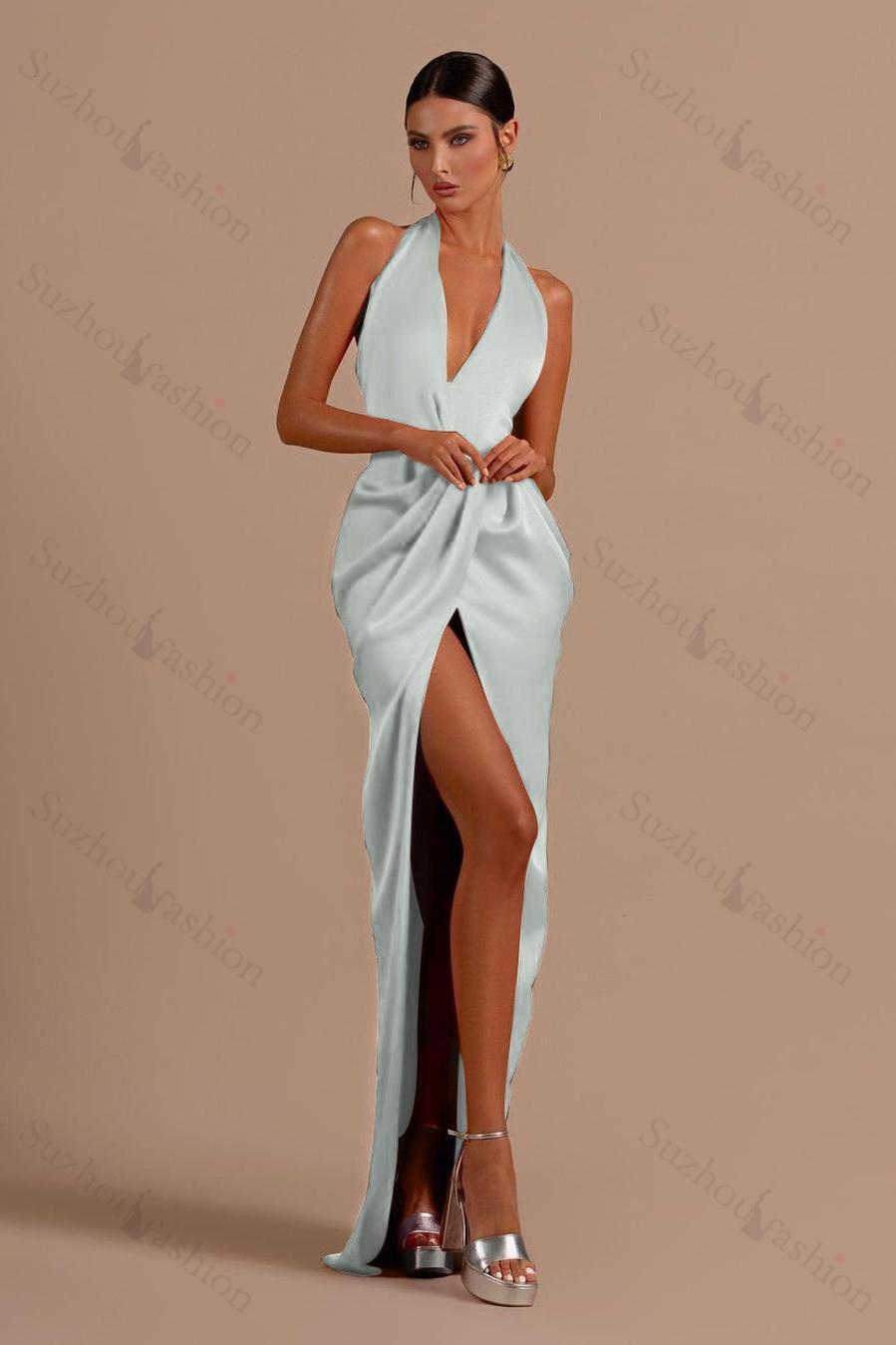 Red Prom Dress Halter Sleeveless Backless Long Evening Formal Dress With Front Split