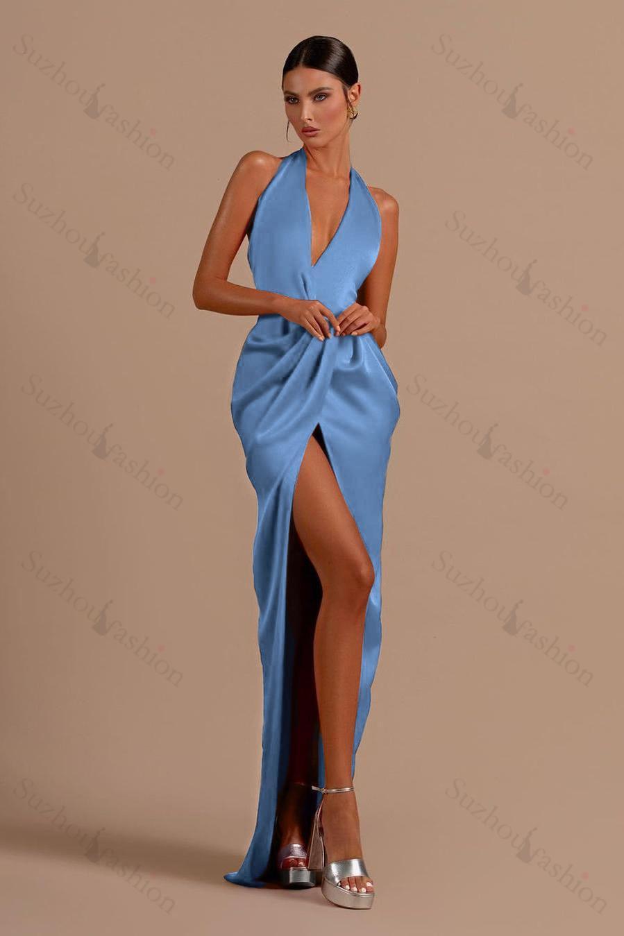 Red Prom Dress Halter Sleeveless Backless Long Evening Formal Dress With Front Split