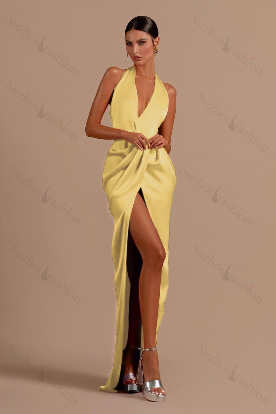 Red Prom Dress Halter Sleeveless Backless Long Evening Formal Dress With Front Split