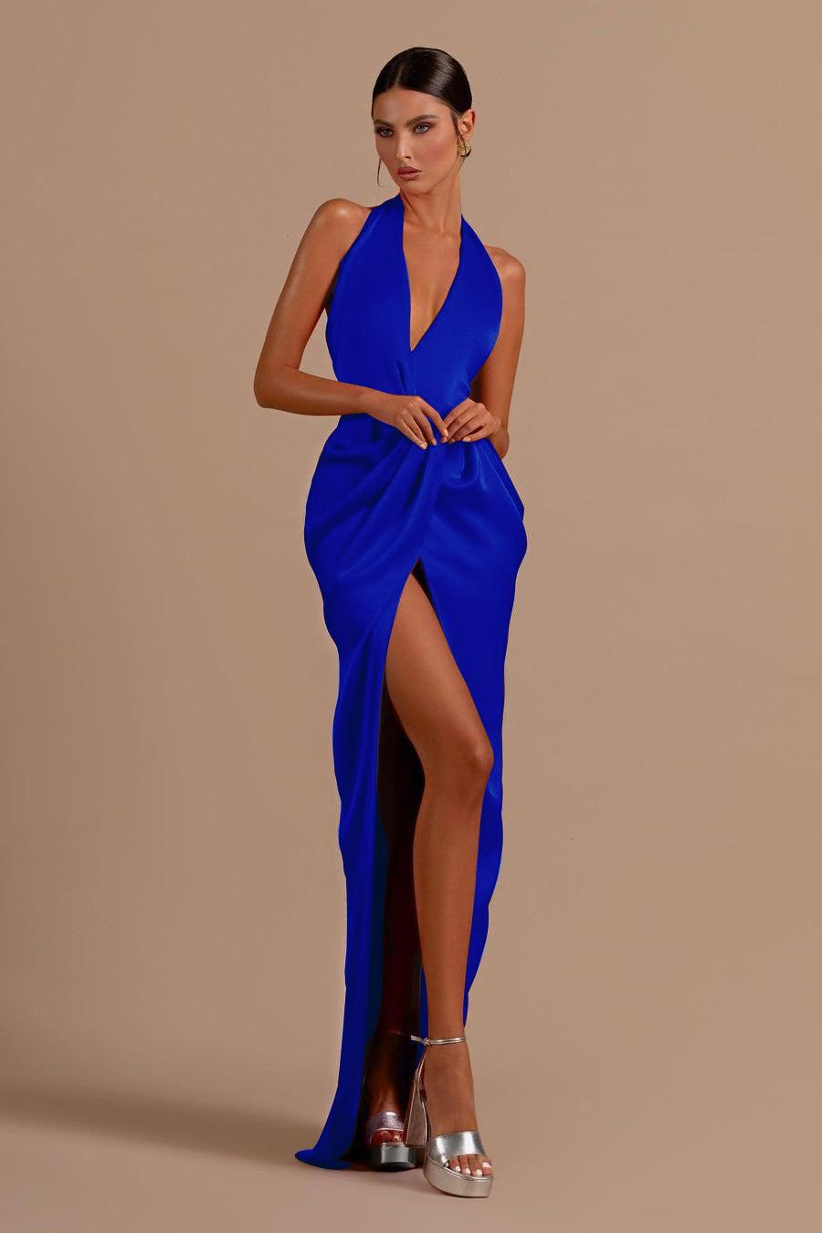 Red Prom Dress Halter Sleeveless Backless Long Evening Formal Dress With Front Split