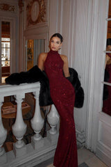 Red Prom Dress High Neck Sleeveless Mermaid Long Evening Formal Dress With Sequined