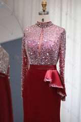 Red Prom Dress Jewel Neck Mermaid Evening Formal Dress Long Sleeves With Sequins