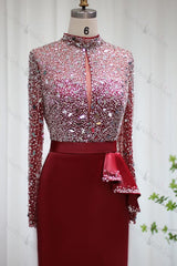 Red Prom Dress Jewel Neck Mermaid Evening Formal Dress Long Sleeves With Sequins