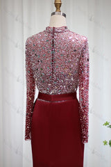 Red Prom Dress Jewel Neck Mermaid Evening Formal Dress Long Sleeves With Sequins