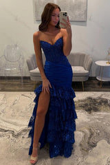 Red Prom Dress Lace Ruffled Formal Dress With Slit