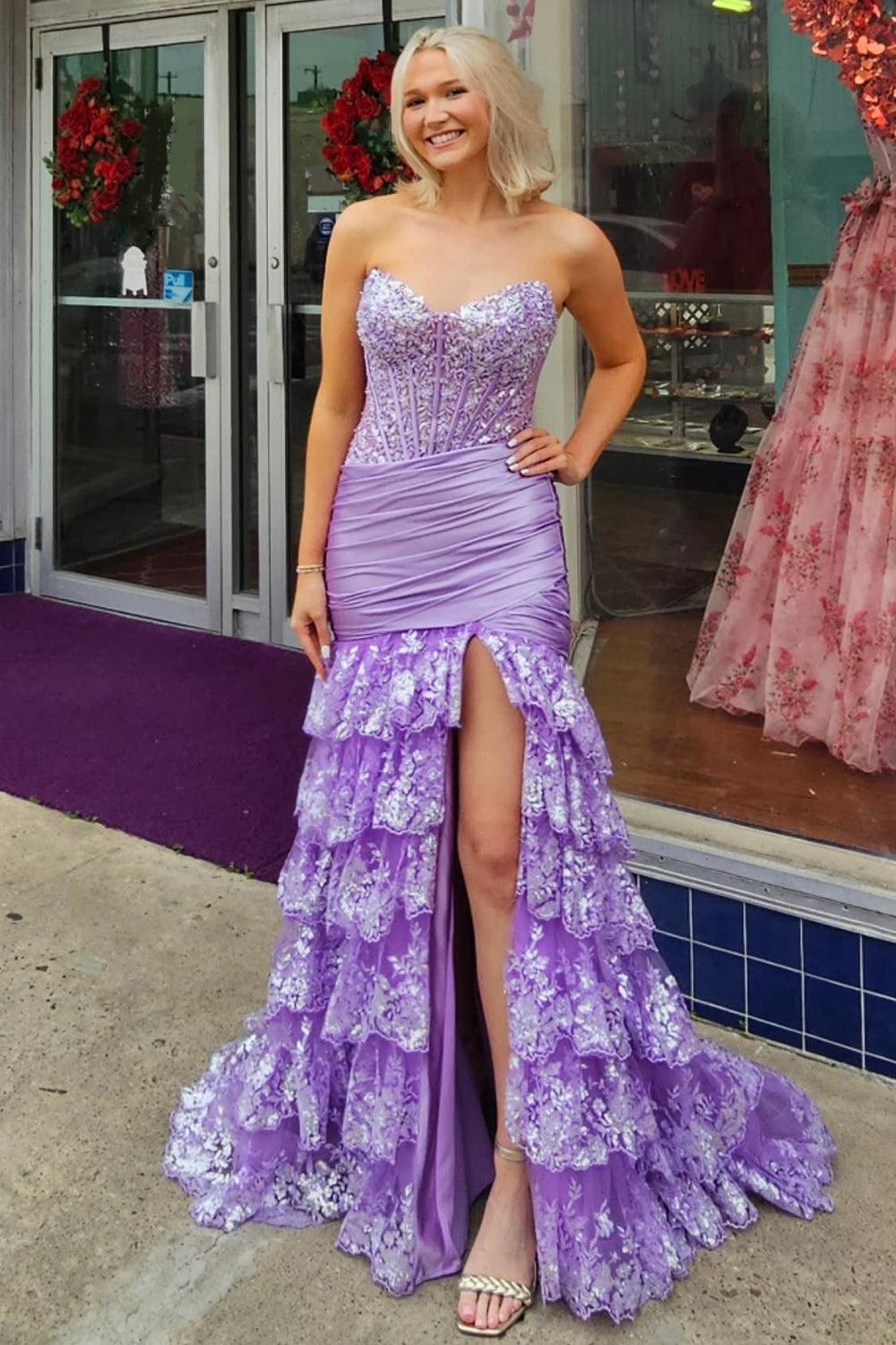 Red Prom Dress Lace Ruffled Formal Dress With Slit