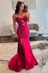 Red Prom Dress Mermaid Hollow Out Sweetheart Formal Dress With Slit