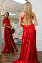 Red Prom Dress Pleated A Line Halter Long Formal Dress With Slit