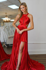 Red Prom Dress Pleated A Line Halter Long Formal Dress With Slit