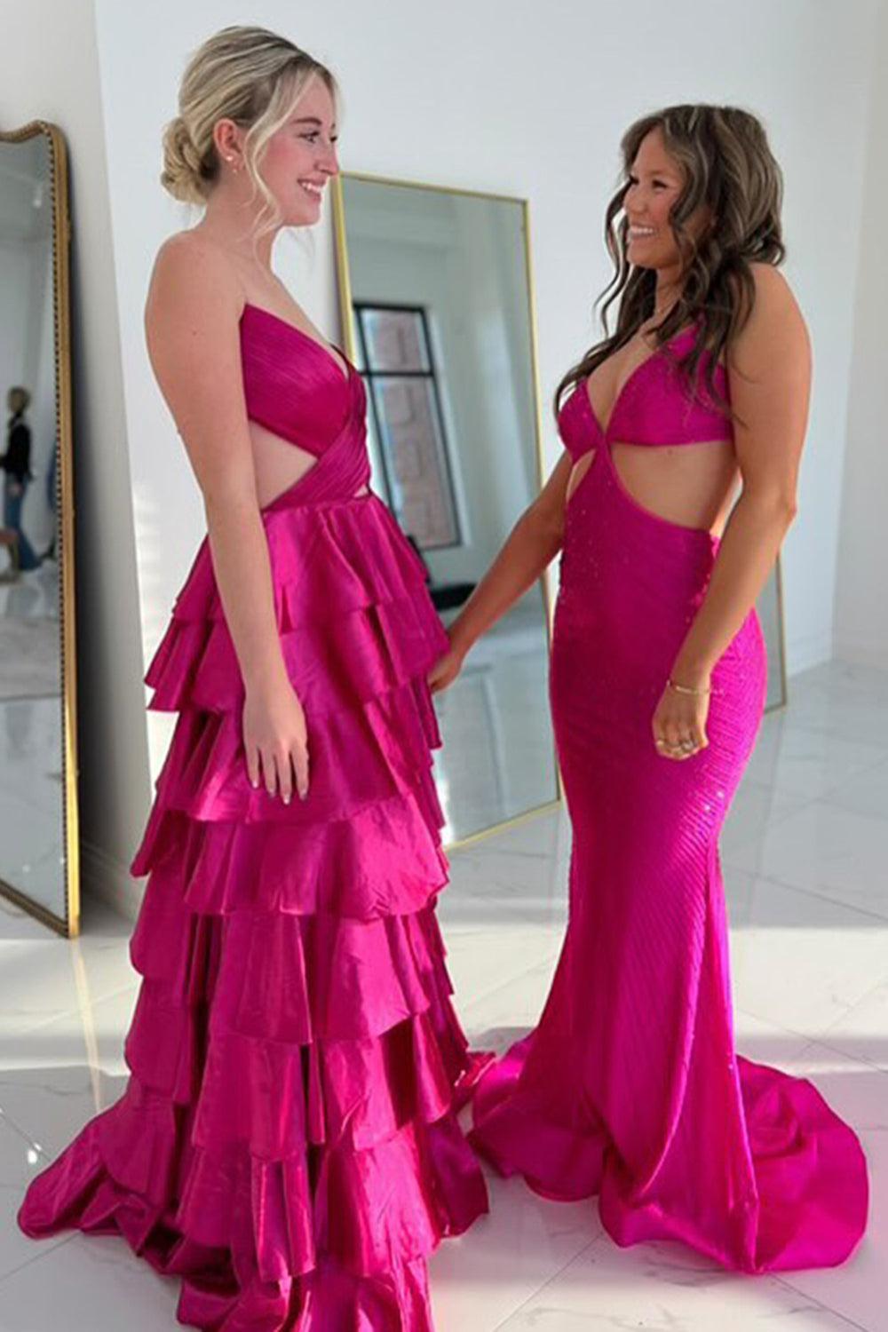 Suzhoufashion Red Prom Dress Ruffled Ruched Satin A Line Long Formal Dress with Slit Suzhoufashion Red Prom Dress Ruffled Ruched Satin A Line Long Formal Dress with Slit