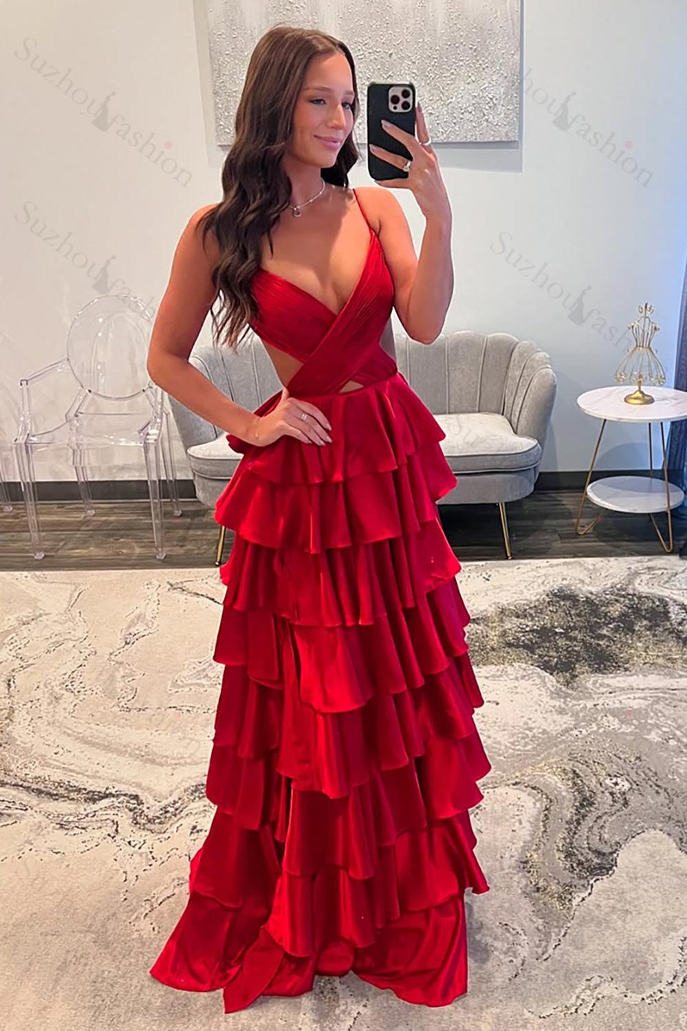 Suzhoufashion Red Prom Dress Ruffled Ruched Satin A Line Long Formal Dress With Slit
