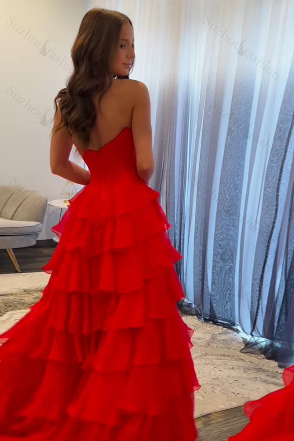 Red Prom Dress Ruffled Sweetheart A Line Chiffon Formal Dress With Lace