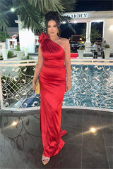 Red Prom Dress Satin One Shoulder Sleeveless Long Evening Formal Dress With Pleated