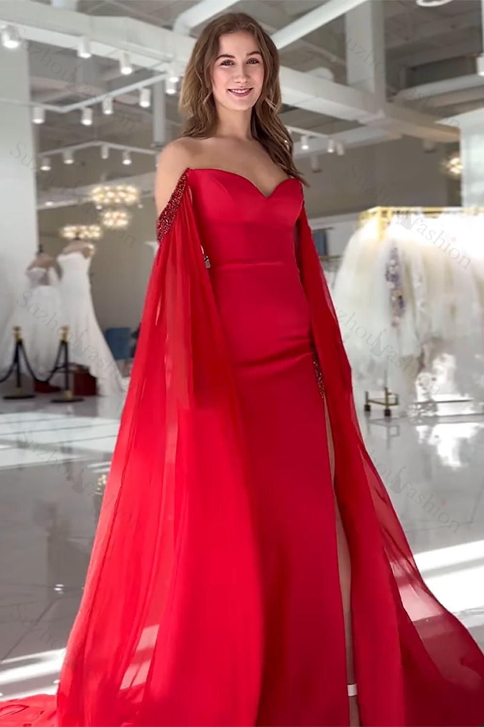 open lace back dress Suzhoufashion Red Prom Dress Sheath Long Off The Shoulder Formal Dress With Cape  Sleeves – suzhoufashion