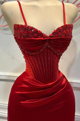 Red Prom Dress Spaghetti Strap Sleeveless Beading Long Evening Formal Dress With Split