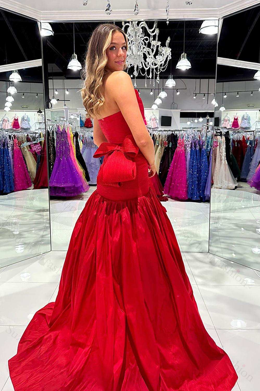 Red Prom Dress Strapless A Line Long Pageant Dress With Bow