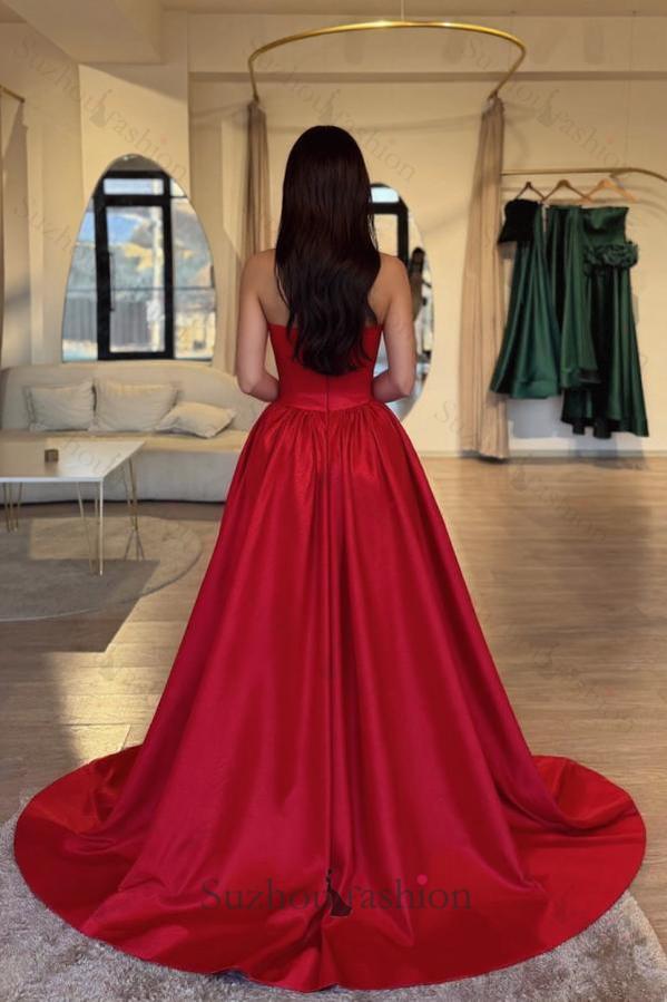 strapless open back dress A-Line High-Neck Sleeveless Floor-Length Wine Red Satin Prom Dress, Pleated